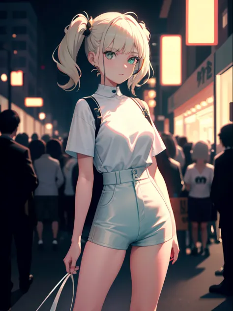 tmasterpiece， best qualtiy， NSFW， 1girl， platinum blond hair， short detailed hair， Green eyes， pigtails， Small lively breasts， Have on the street， the night， neonlight， white t - shirt，  Black pantsuit， Poker face， up front view， standing on your feet， in ...