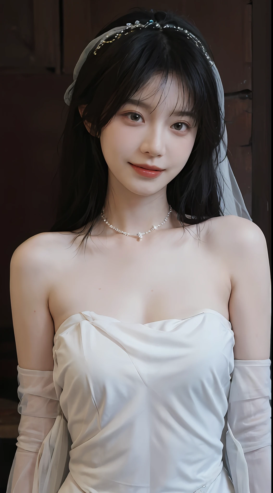 best qualtiy， Ultra-high resolution， （realisticlying：1.4），cute hairpin，Baoyu Girl，Stand in the wedding hall，Wearing a white bandeau wedding dress，（flatchest：1.2） ，A pair of clear and moving peach blossom eyes,Royal Sister，sunshine on face，Big wavy hairstyle，（choker necklace：1.2），（Fair skin：1.4），a sense of atmosphere，a beauty girl， Charming smile，head straight-looking at viewer， closeup cleavage ，(Photorealistic:1.4),1girll,sexly,(Upper body:1.4),(Wet body),(:1.2)