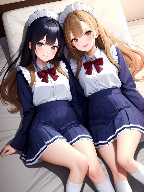 Beautiful girls, juniors, Japanese high school uniforms, high school girls, on the bed, A maid