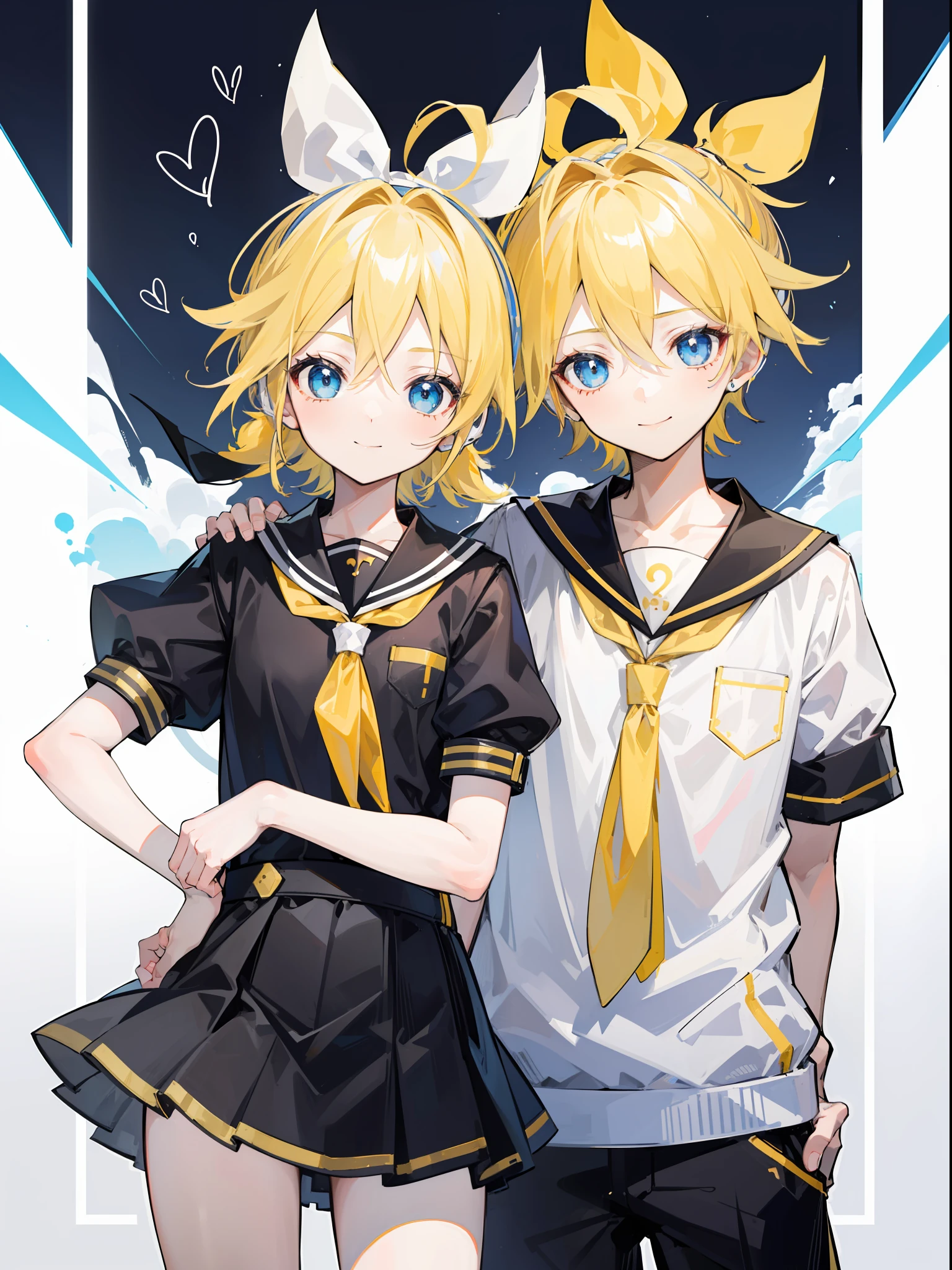 un garçon et une fille, (un garçon est Kagamine_seulement), (une fille est Kagamine_Aussi), yeux bleus, cheveux blonds, uniforme de marin, pantalon court noir, tir de cow-boy, souriez doucement, (puéril)