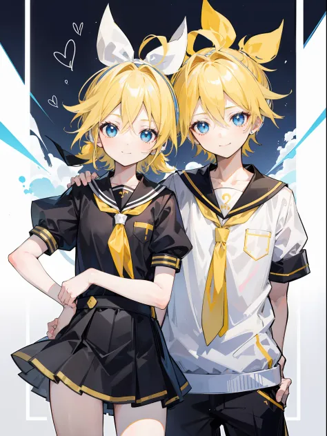 one boy and one girl, (a boy is Kagamine_Len), (a girl is Kagamine_Rin), blue eyes, blond hair, sailor uniform, black short pant...