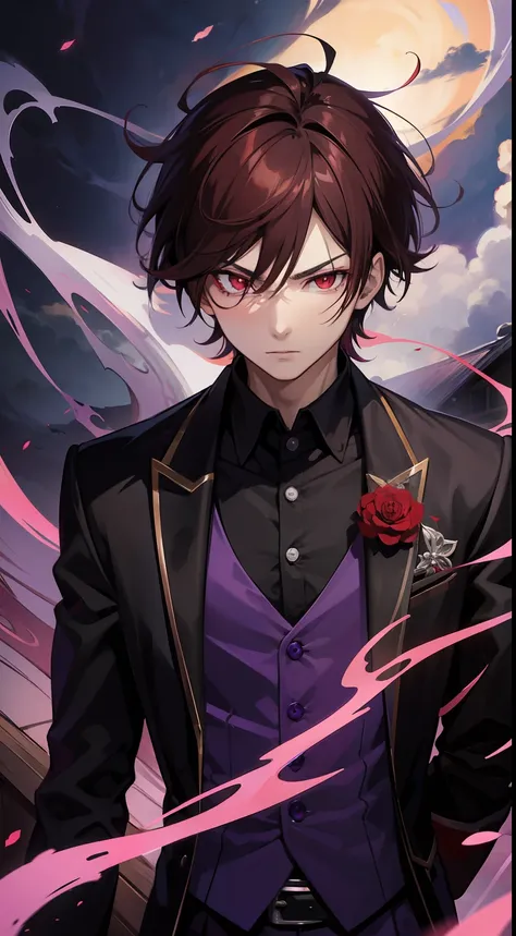 anime vampire guy, shining red eyes, short brown hair, purple smoke ...