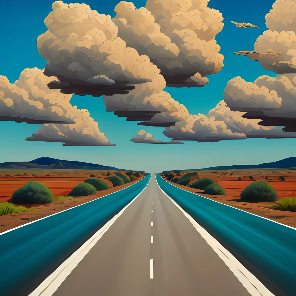 digital art car illustration drawing, in the style of oil paintings, azul turquesa e marrom perolado claro, 32k uhd, cobra, vibrante, cenas exageradas, Scenes of a road and the horizon ahead