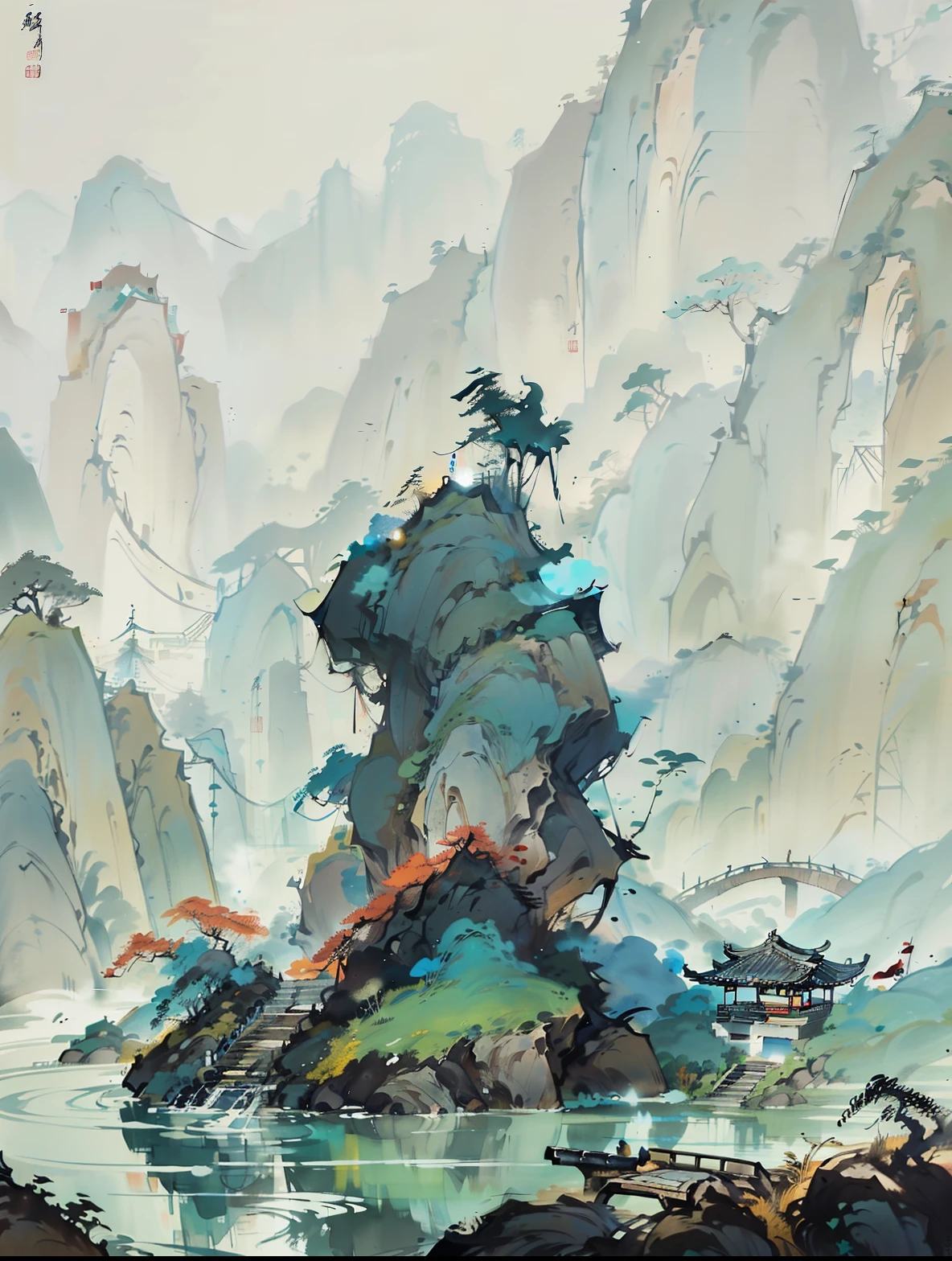 （Best Masterpiece），8K，Ancient Chinese painting landscape，Faraway view，A bamboo forest nestled in an ancient Chinese garden nestled in the middle of the mountains，There are many traditional Chinese buildings scattered，Includes alpine waterfalls、Gazebo cliffs、Stream bridge small bridge pond、Lush foliage and trees。