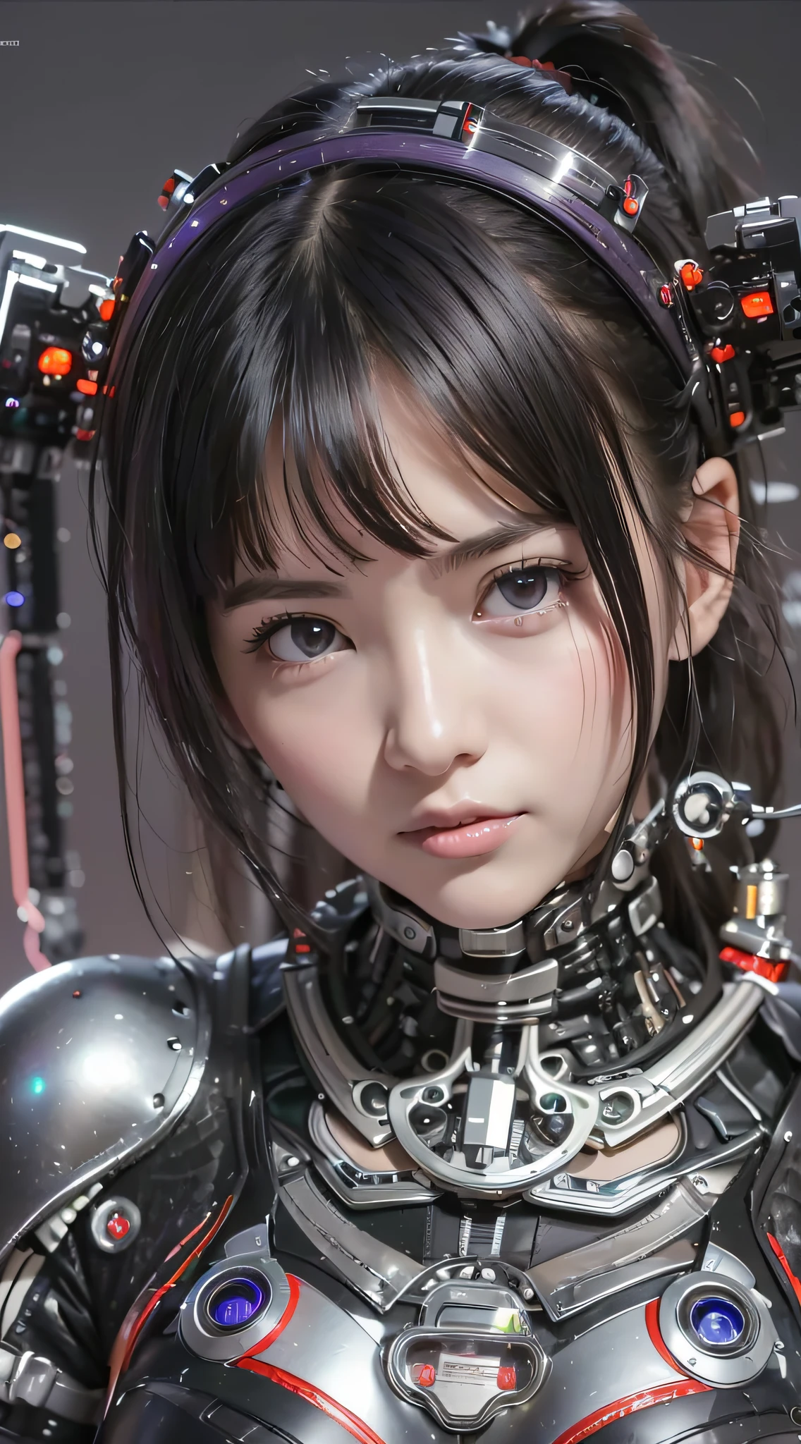 eine Nahaufnahme einer Frau in einem futuristischen Anzug mit einem Sci-Fiore, süßes Cyborg-Mädchen, perfektes Android-Mädchen, schönes Cyborg-Mädchen, Cyborg - Asiatisches Mädchen, Mädchen in Mecha-Cyber-Rüstung, Cyborg girl, schöner weiblicher Androide!, Robotermädchen, perfekte Anime-Cyborg-Frau, schönes Cyberpunk-Mädchengesicht, Porträt Anime Weltraum Kadett Mädchen, cyberpunk anime girl mech, junge Cyborg-Dame