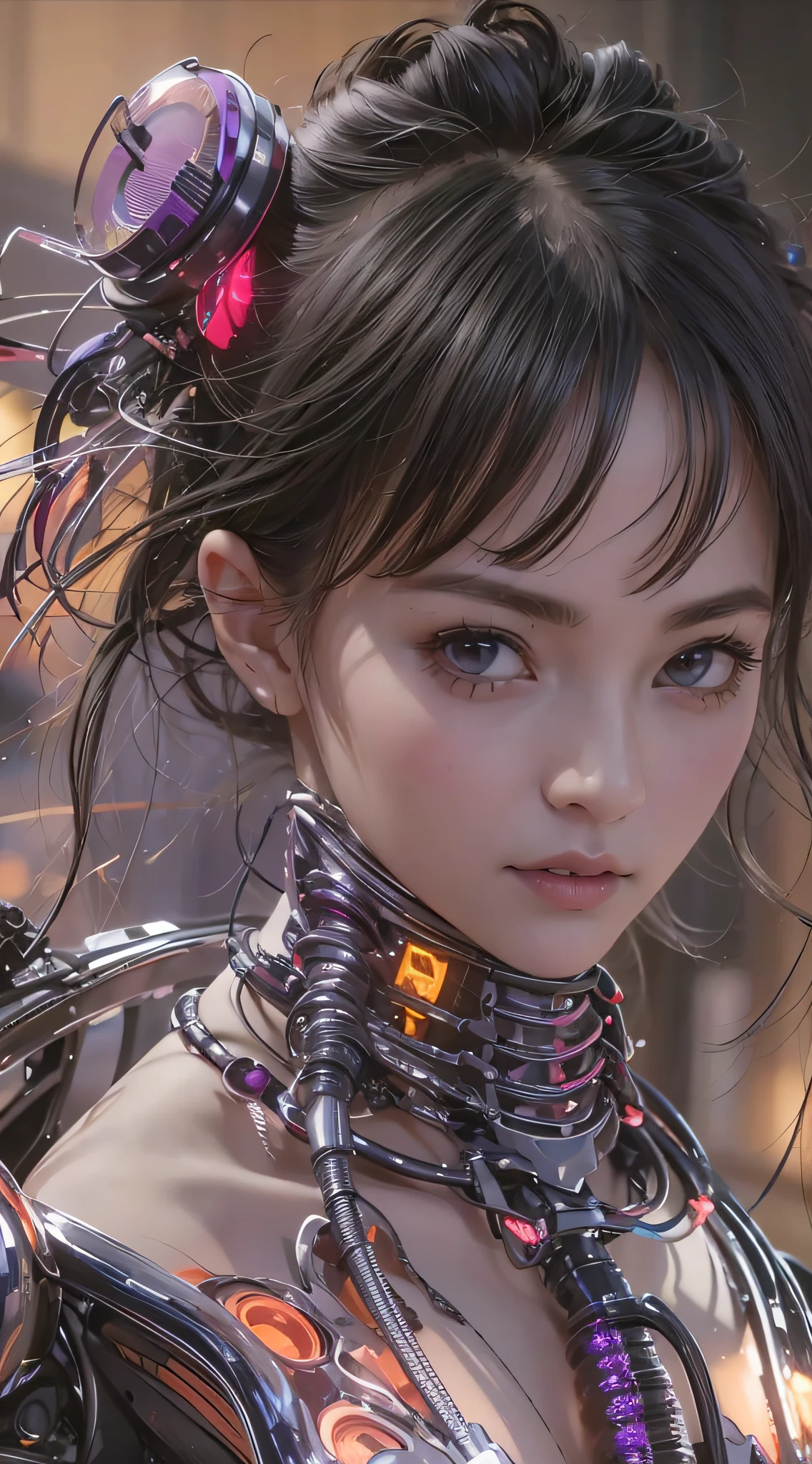 One in futuristic outfits，Close-up of a woman with a flower in her hair, Cute cyborg girl, beautiful girl cyborg, cyborg - girl, perfect android girl, Cyborg girl, Beautiful digital artwork, beautiful cyberpunk girl face, 4k highly detailed digital art, anime robotic mixed with organic, 8 k realistic digital art, dreamy cyberpunk girl