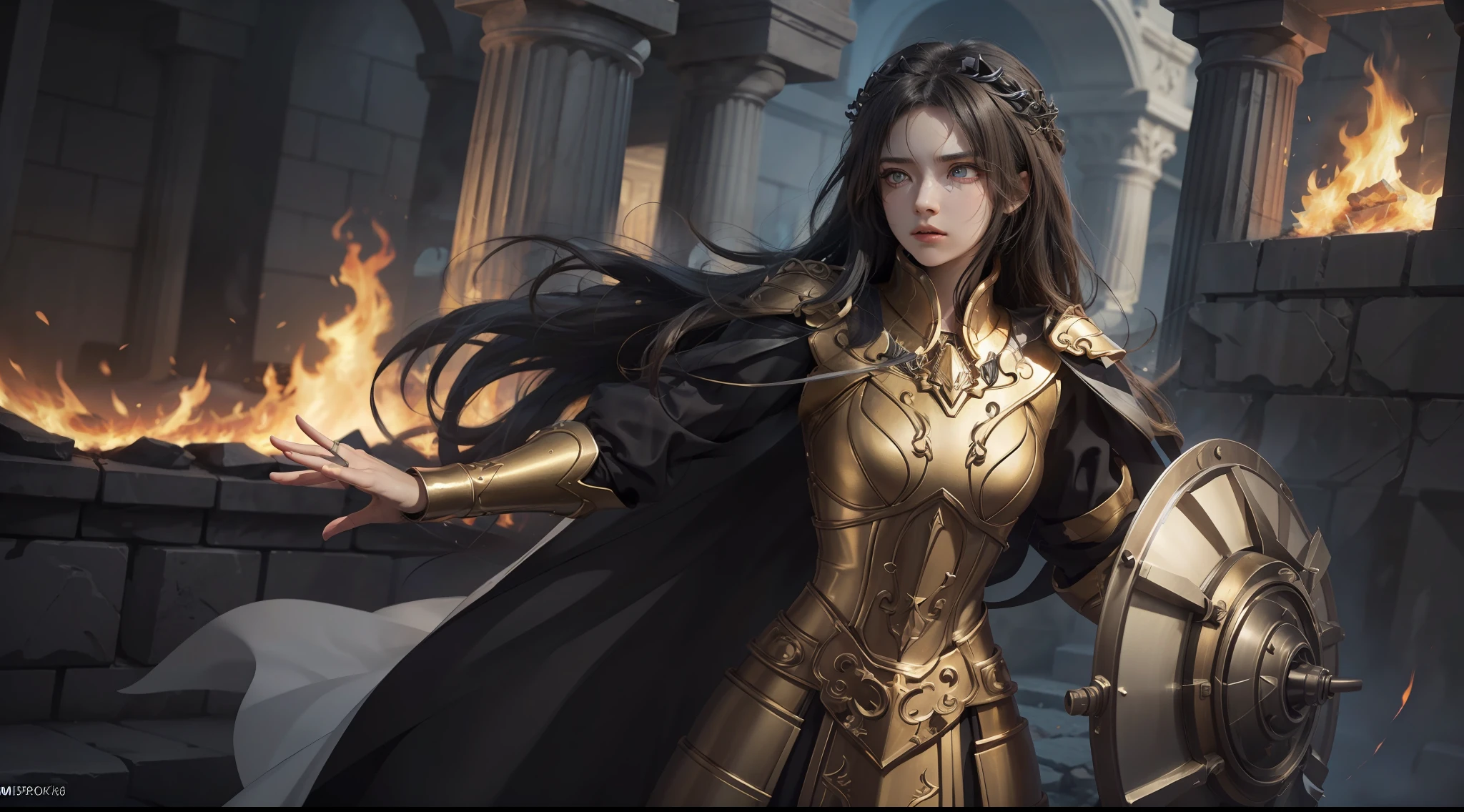 (Extremely detailed Cg Unity 8K wallpaper,Masterpiece, Best quality, Ultra-detailed, Beautiful detailed eyes:1.2),Best illumination, (Best shadow, An extremely delicate and beautiful, full bloom), 1girll,Solo,Large breasts，Heavy armor，complex patterns，Long hair,Holding a shield,Film filter, Hellfire,full bodyesbian,demon,Flame,Greek temple，dramatics，dynamicposes，illusory engine， (High detail: 1.9)，full body shot shot