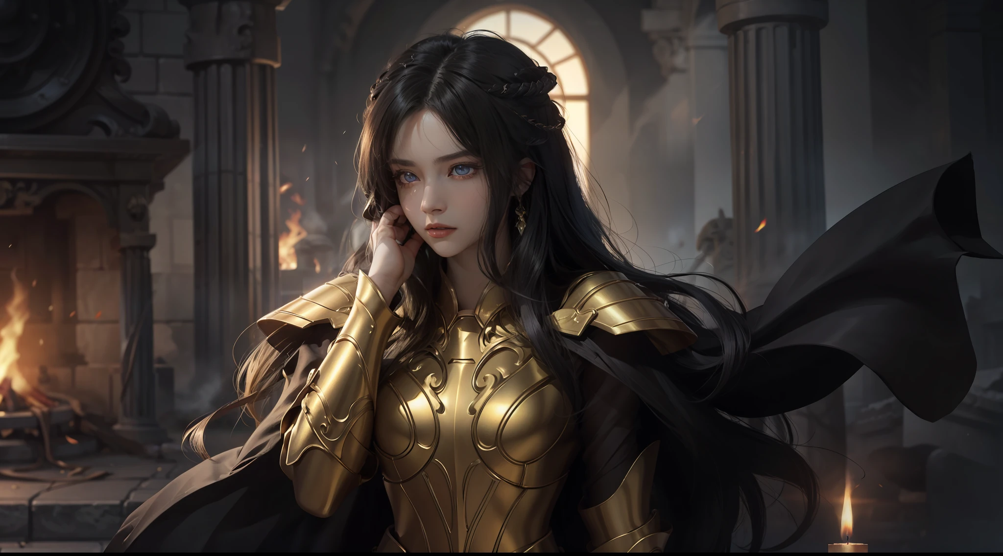 (Extremely detailed Cg Unity 8K wallpaper,Masterpiece, Best quality, Ultra-detailed, Beautiful detailed eyes:1.2),Best illumination, (Best shadow, An extremely delicate and beautiful, full bloom), 1girll,Solo,Large breasts，Heavy armor，complex patterns，Long hair,Holding a shield,Film filter, Hellfire,full bodyesbian,demon,Flame,Greek temple，dramatics，dynamicposes，illusory engine， (High detail: 1.9)，full body shot shot