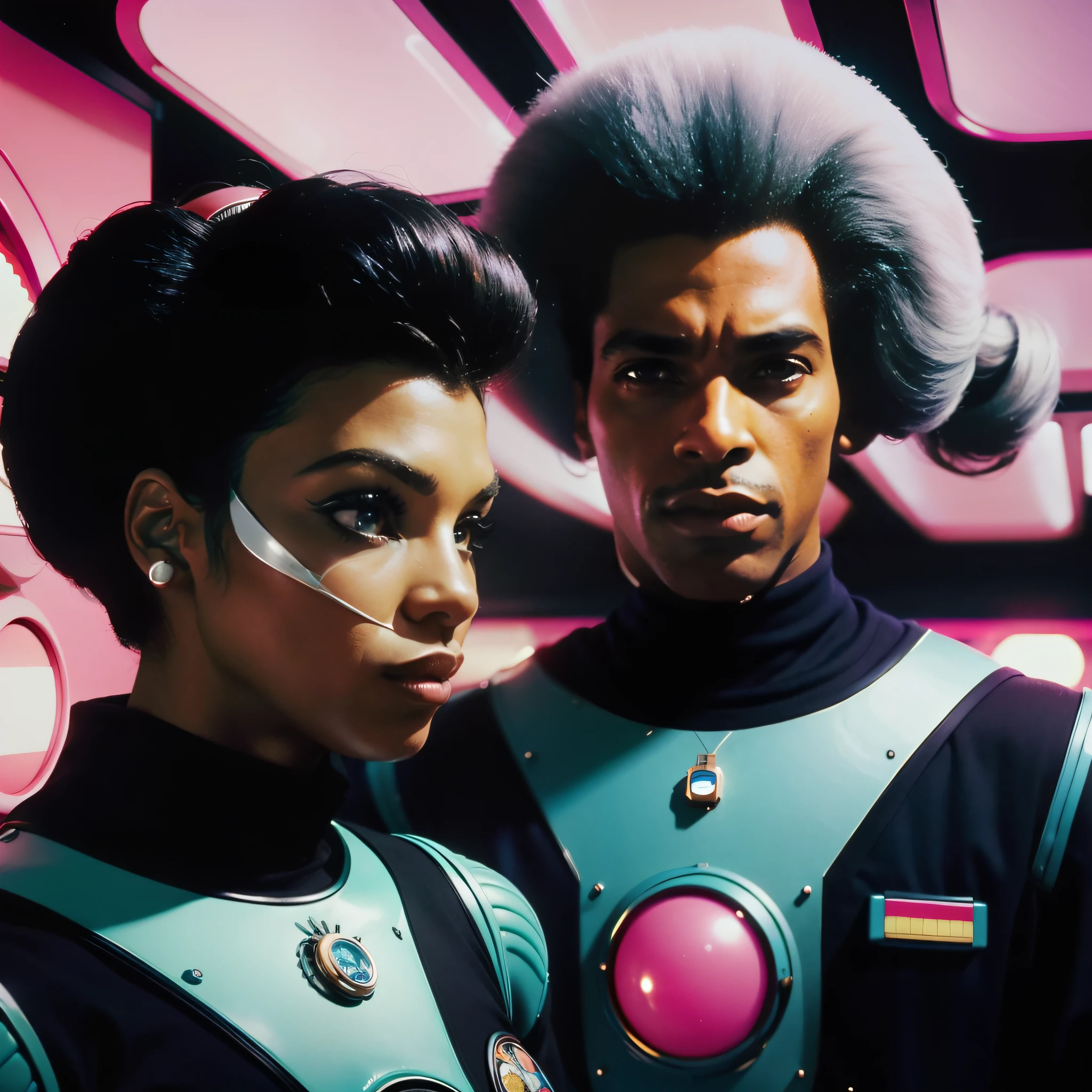 4k image from a 1960s science fiction film by Wes Anderson, Filme O Grande Hotel Budapeste, pastels colors, Black man and black woman wearing retrofuturistic alien masks and holding colorful suitcases and chests on the bus, Retro-futuristic fashion clothes from the 60s with old robots, Luz Natural, Psicodelia, futurista estranho, retro-futurista, photo-realistic, Sharp background details.