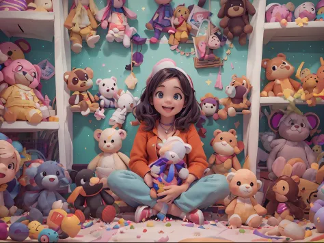 a 6-year-old girl holds a stuffed animal, sit in a room full of toys, cabelos preto e longos, cheerfulness, rejoice, perfect qua...