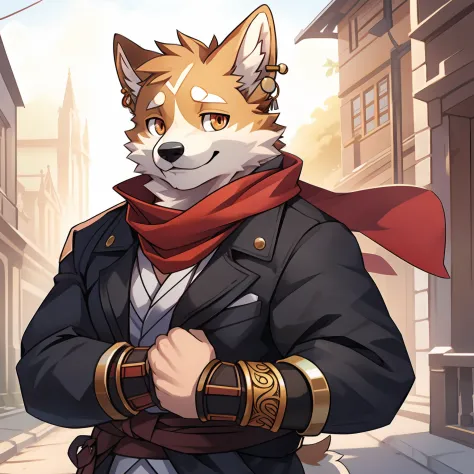 Corgi in a red scarf，There are two earrings on the left ear，On the right hand there is an iron bracelet，Orange eyes