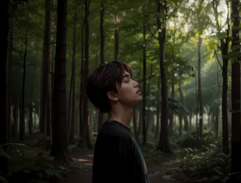 Portrait of tough boy standing in dark forest，epic style，rendering by octane，Desert composition，beauitful face，ultra-realistic realism，oil on the canvas，awardwinning，tmasterpiece，trending on artstationh，by Ghibli Studio。ultra-delicate、8K、HDR、octaneratingre...