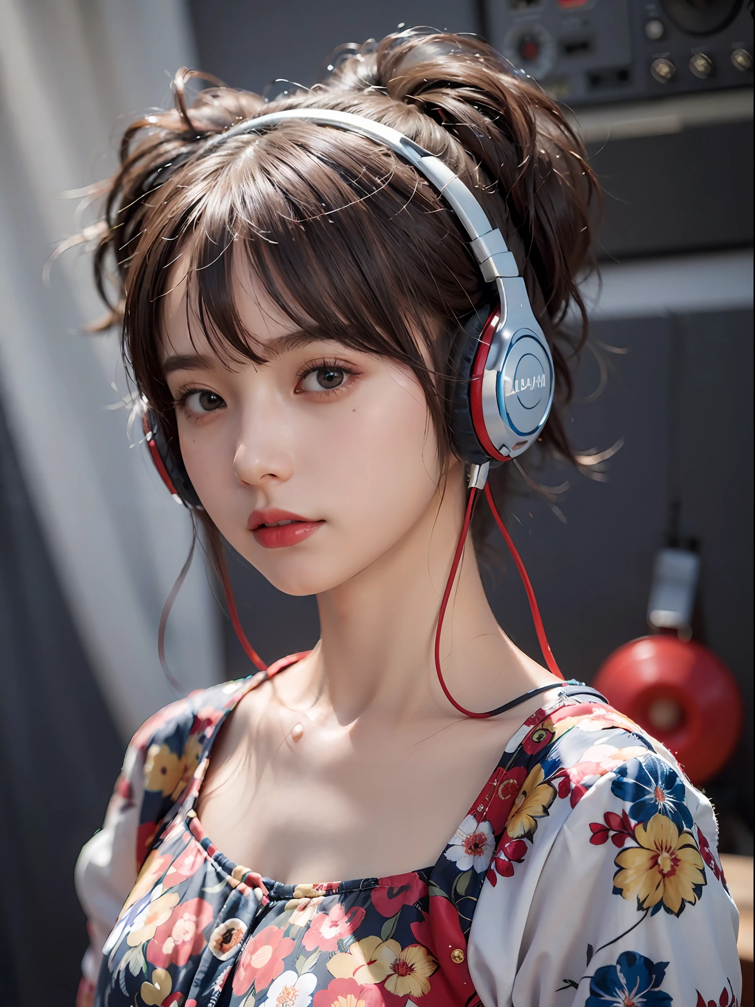 A close up of a woman wearing headphones and a dress - SeaArt AI