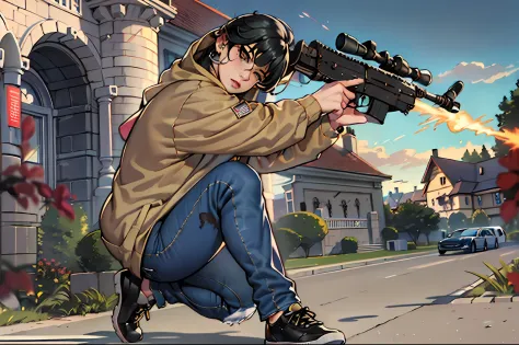 (((((beautiful girly boy wearing baggy hoodie and tight jeans, holding a fn fal assault rifle, firing at some goons behind a lim...