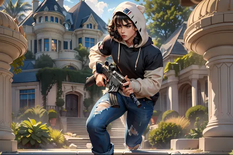 (((((beautiful girly boy wearing baggy hoodie and tight jeans, holding a fn fal assault rifle, firing at some goons behind a lim...