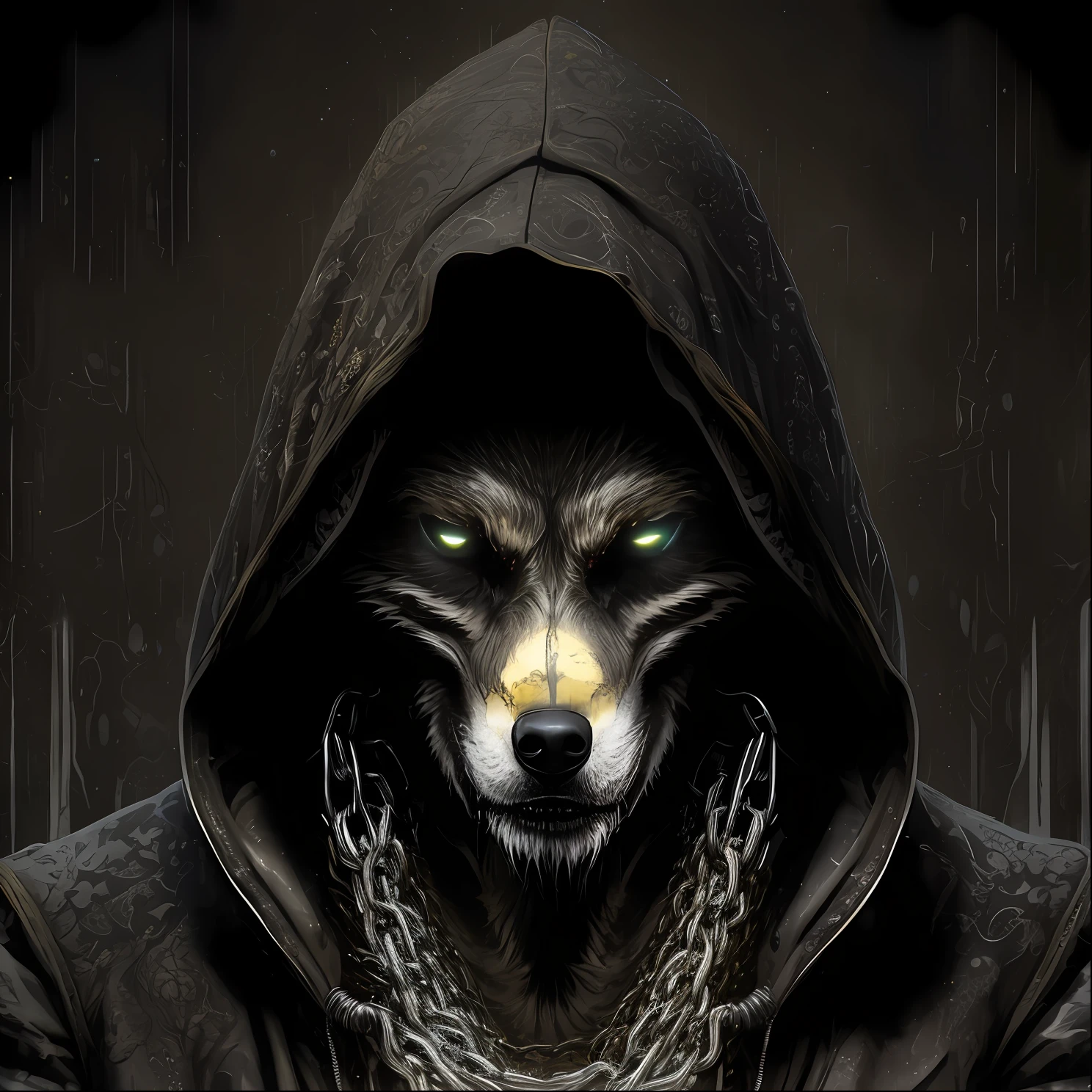 arafed wolf in a hoodie with chains around his neck, dark but detailed digital art, grim - wolf, just art for dark metal music, hooded cloaked sith lord, dark art style, dark hooded wraith, fenrir, highly detailed dark art, cloaked, dan mumford tom bagshaw, dark cloaked necromancer, el bosco and dan mumford, cream yellow, Mustard yellow, Light cream yellow, Dark gray