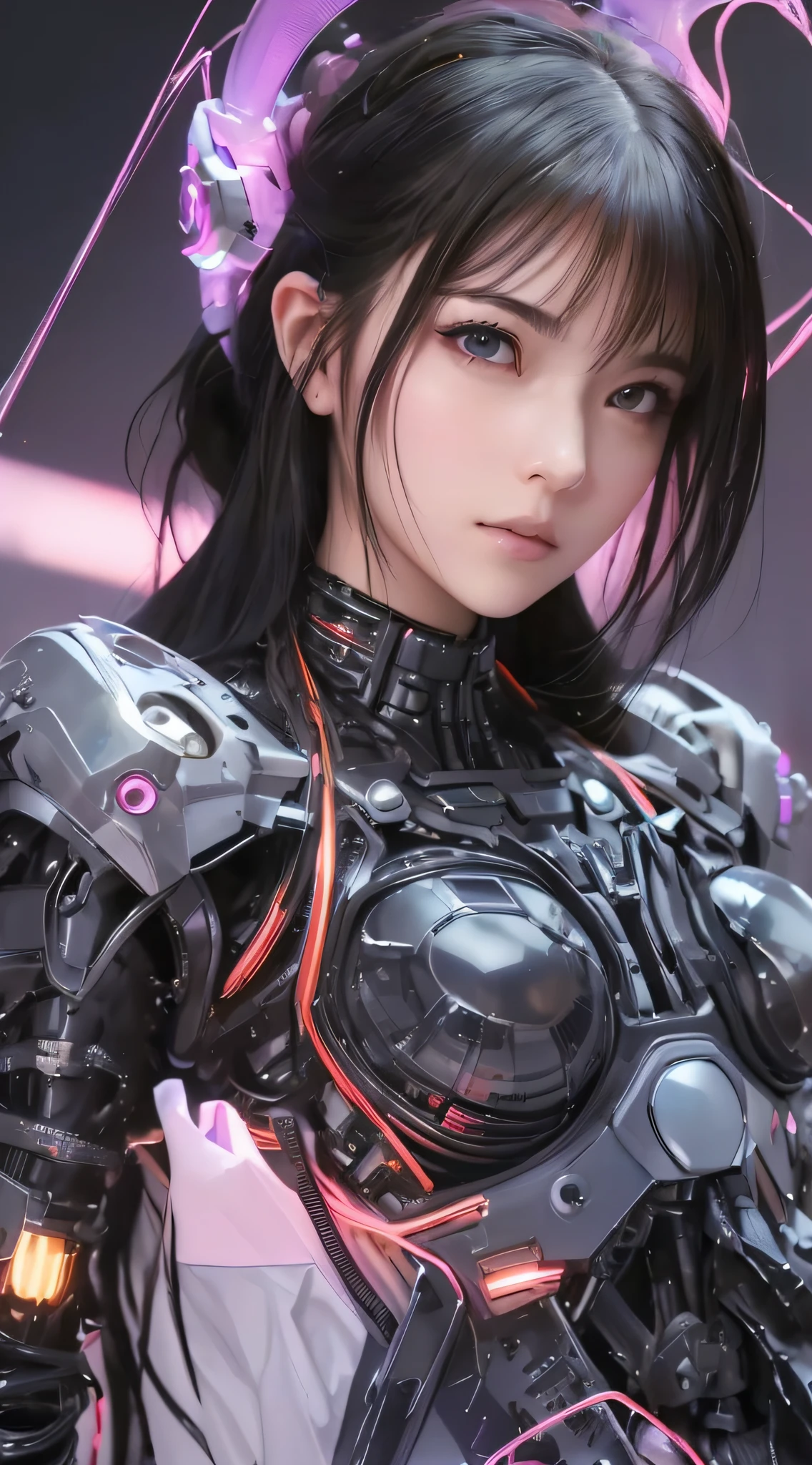 Nahaufnahme einer Frau in einem futuristischen Anzug mit rosa Licht, Mädchen in Mecha-Cyber-Rüstung, süßes Cyborg-Mädchen, cyberpunk anime girl mech, schönes Cyborg-Mädchen, perfektes Android-Mädchen, Cyborg girl, female cyberpunk anime girl, Cyborg - Asiatisches Mädchen, perfekte Anime-Cyborg-Frau, Anime-Roboter gemischt mit Bio, cyberpunk anime girl, Anime-Roboter, dreamy cyberpunk girl