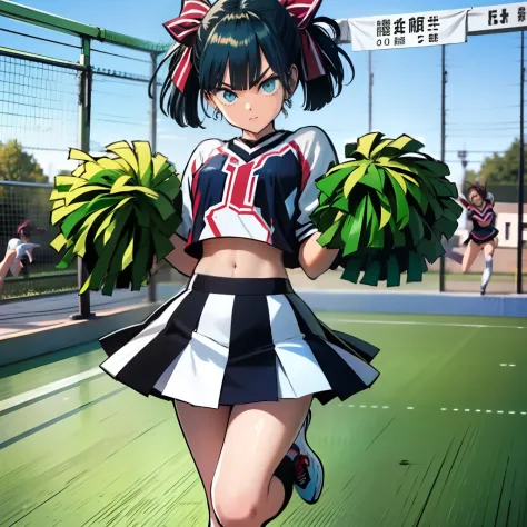 a dark-haired、blue-haired、lily、angry expressions、((cheerleaders))、((two tone hair))、black and blue hair、((poneytail))、drooping e...