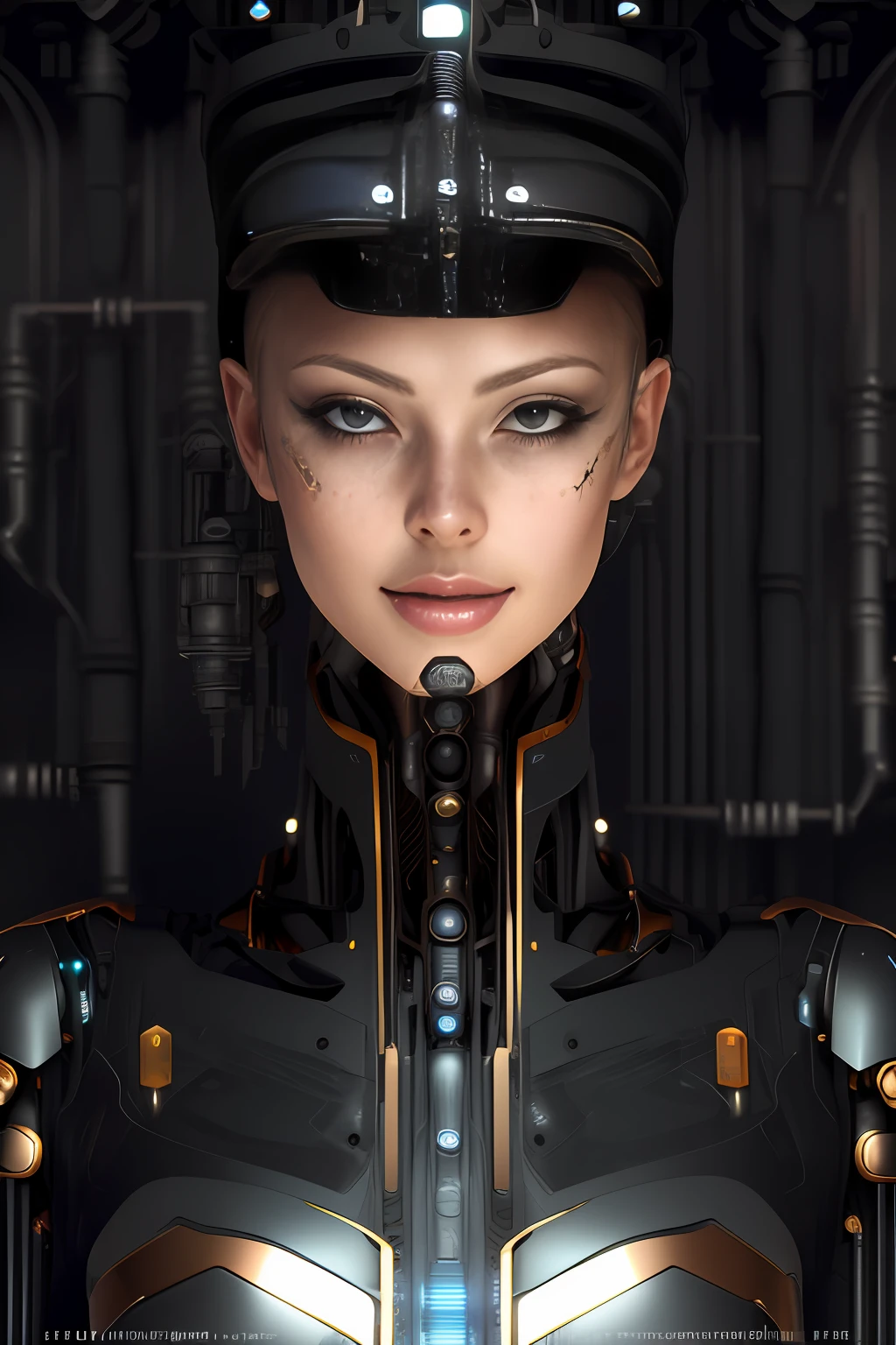 Ganzkörper-Cyborg| Ganzkörperporträt| detailliertes Gesicht| symmetric| steampunk| cyberpunk| cyborg| komplizierte detaillierte| skalieren| hyperrealistisch| filmische Beleuchtung| digital art| Konzeptkunst| mdjrny-v4-Stil