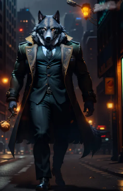 Masterpiece, (Ultra Detailed), (Animal Anthropomorphism), Gangster Theme, Wolf, Handsome, Trench Coat, Dim Lights, Smoke, Shadow, Corrupt Cityscape, Highest Quality, Single Focus, (skimming: 1.1), Muscle Man, Full Body, Intricate (High Detail: 1.1) Unreal ...
