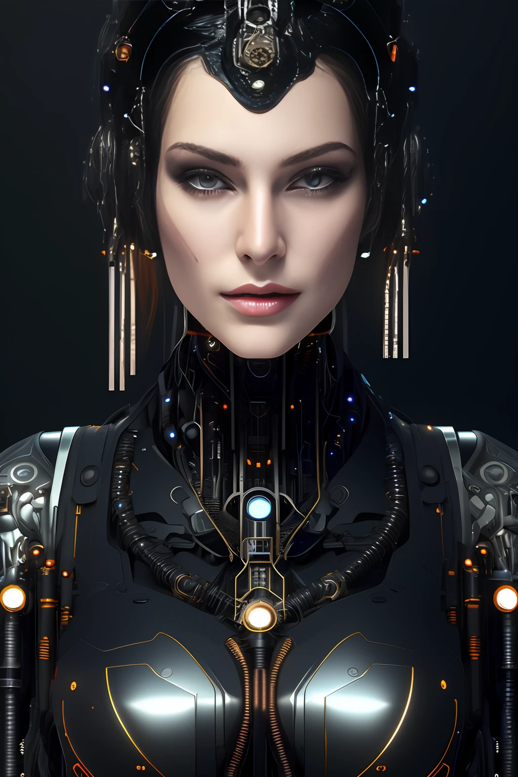 full body cyborg| full-length portrait| detailed face| symmetric| steampunk| cyberpunk| cyborg| intricate detailed| to scale| hyperrealistic| cinematic lighting| digital art| concept art| mdjrny-v4 style