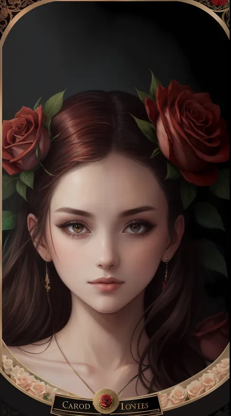 Tarot card, Close up face shot of a beautiful woman looking at the camera, (((card title surrounded by roses at the bottom))), t...