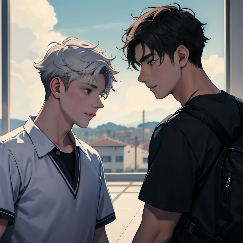 Two 15-year-old teenage friends, ambos hombres con piel morena y cabello gris claro como las nubes en la escuela, Share a conversation A secret that they are almost friends like brothers...