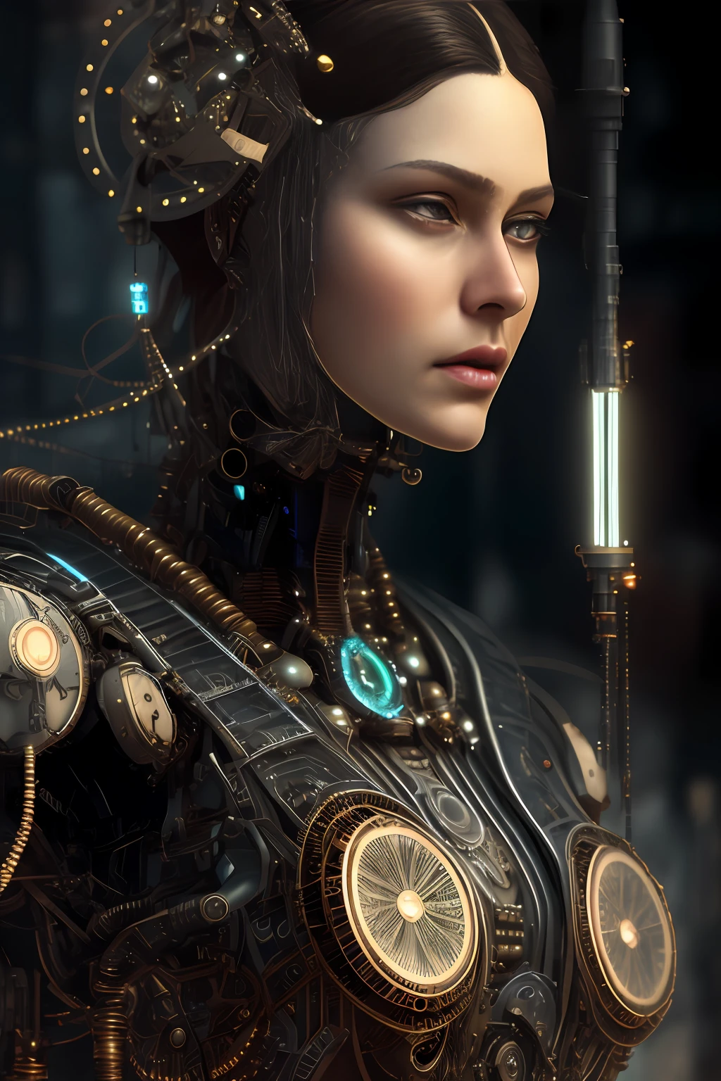 full body cyborg| full-length portrait| detailed face| symmetric| steampunk| cyberpunk| cyborg| intricate detailed| to scale| hyperrealistic| cinematic lighting| digital art| concept art| mdjrny-v4 style