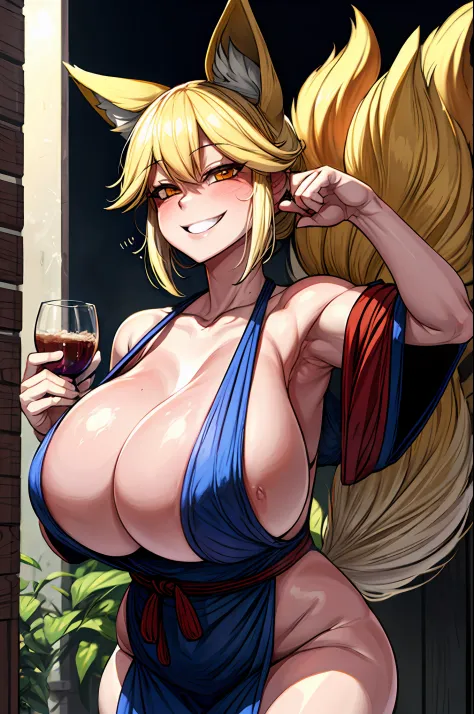 kitsune, 1tail, huge breasts, smiling, drinking, drunk, aroused