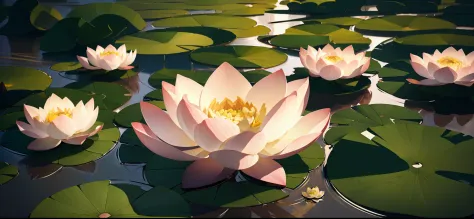 Create an image with a background filled with several lotus flowers, conveying a sense of universalism.