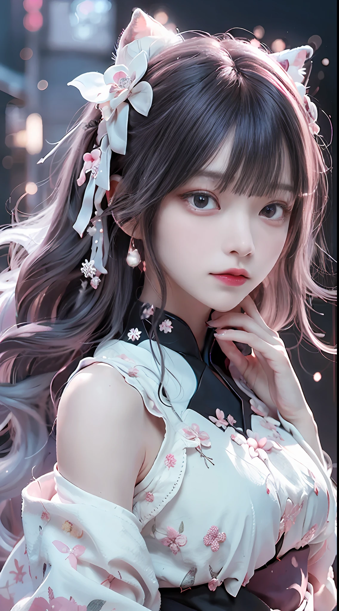 （（best qualtiy））， （（tmasterpiece））， （detail：1.4）， Beautiful cyberpunk Japan woman image，sixteen years old，(Photograph the whole body)，nffsw（HighDynamicRange），Ray traching，NVIDIA RTX，Hyper-Resolution，illusory 5，Sub-surface scattering，PBR Textures，post processed，Anisotropy Filtering，depth of fields，maximum definition and sharpness，multi-layer texture，Albedo e mapas Speculares，Surface Coloring，Mitsu-Accurate simulation of material interactions，Perfectly proportioned，rendering by octane，Two-colored light，Large aperture，Low ISO，White Balance，Rule three points、8K raw data、Beautiful bright red pupils，Off-the-shoulder clothing，Cyberpunk Priestess Uniform，Crimson Hakama，Pink gradient on pure white hair，Delicate face and eyes，with round face,　drooing eyes,　long eyelasher，Blushlush，Delicate and fluffy hair，lip，pure，Cute face，Sweet girl，Artistic sense，Casual wear，Advanced Sense，Snowflake，flower petals，Snowflake,　Briar snow background,　Beautiful Hair Accessories，long hair and waist，Hair fluttering in the wind，Snow White cat ears,　Curly