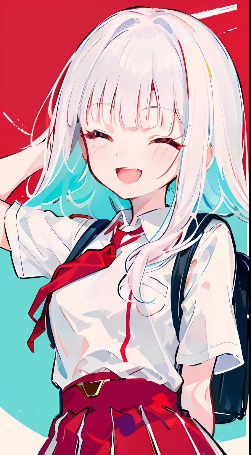 1girl, straight-on, upper body, solo, closed eyes, open mouth, laughing, smiling, white shirt, tight shirt, red skirt, red necktie, holding backpack, red cheeks, school, 7 year old girl, (iwanagadress:1.2), (iwanagakotoko:0.9), lineart,  outdoor,