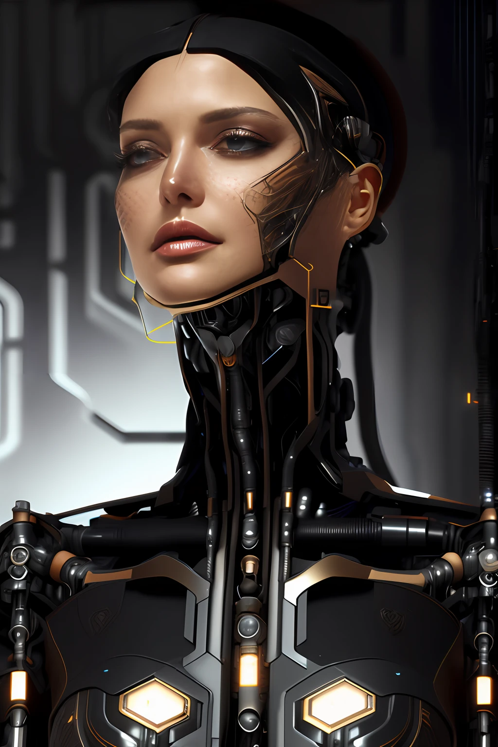 full body cyborg| full-length portrait| detailed face| symmetric| steampunk| cyberpunk| cyborg| intricate detailed| to scale| hyperrealistic| cinematic lighting| digital art| concept art| mdjrny-v4 style