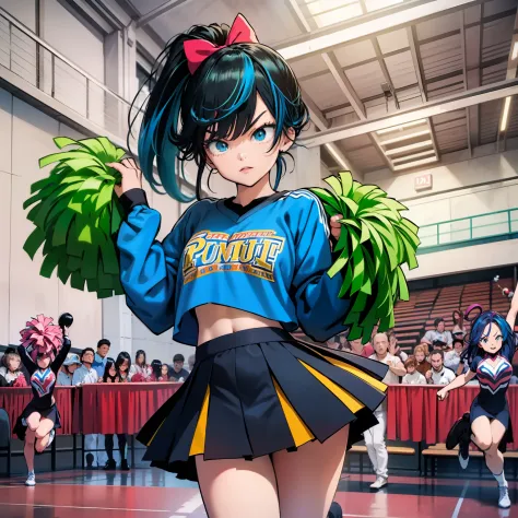 A dark-haired、Blue-haired、Lily、angry expressions、((cheerleaders))、((two tone hair))、Black and blue hair、((poneyTail))、drooping e...