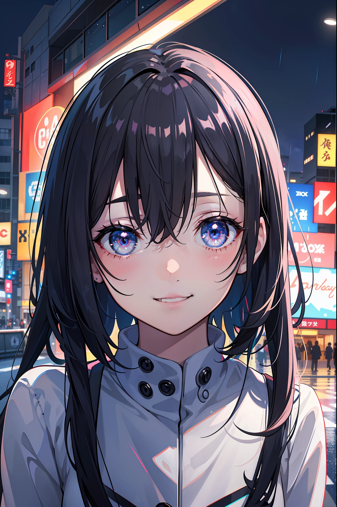 masterpiece, best quality, half body, portrait, night city, 1girl, anime, 3D, Japan, pixar, realistic, teen girl, smiling, cute face, harajuku fashion style, rain coat, beautiful, colourful, neon lights, cyberpunk, smooth skin, illustration, artstation, painting by stanley artgerm lau, sideways glance, foreshortening, extremely detailed 8K, smooth, high resolution, ultra quality, highly detail eyes, highly detail mouth, highly detailed face, perfect eyes, both eyes are the same, true light, glare, Iridescent, Global illumination, real hair movement, real light, real shadow, real face, hd, 2k, 4k, 8k, 16k, realistic light, realistic shadow, bright Eyes, fluorescent eyes, soft light, dream light