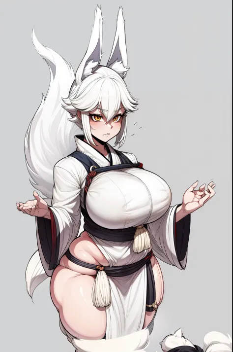 kitsune, wide hips, huge breasts, confused