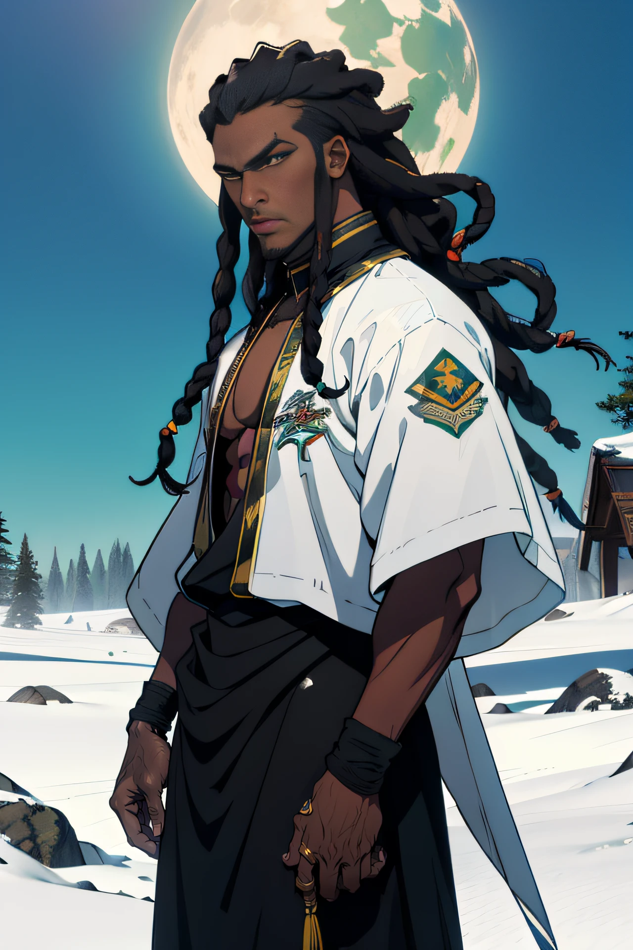 homem de pele negra, dreads, roupa preta, na neve, estilo deus, poder de vento, olhos branco, estilo anime, poder de lobo, cicatriz no rosto