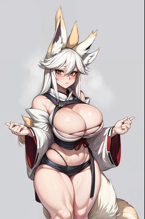 kitsune, wide hips, huge breasts, confused