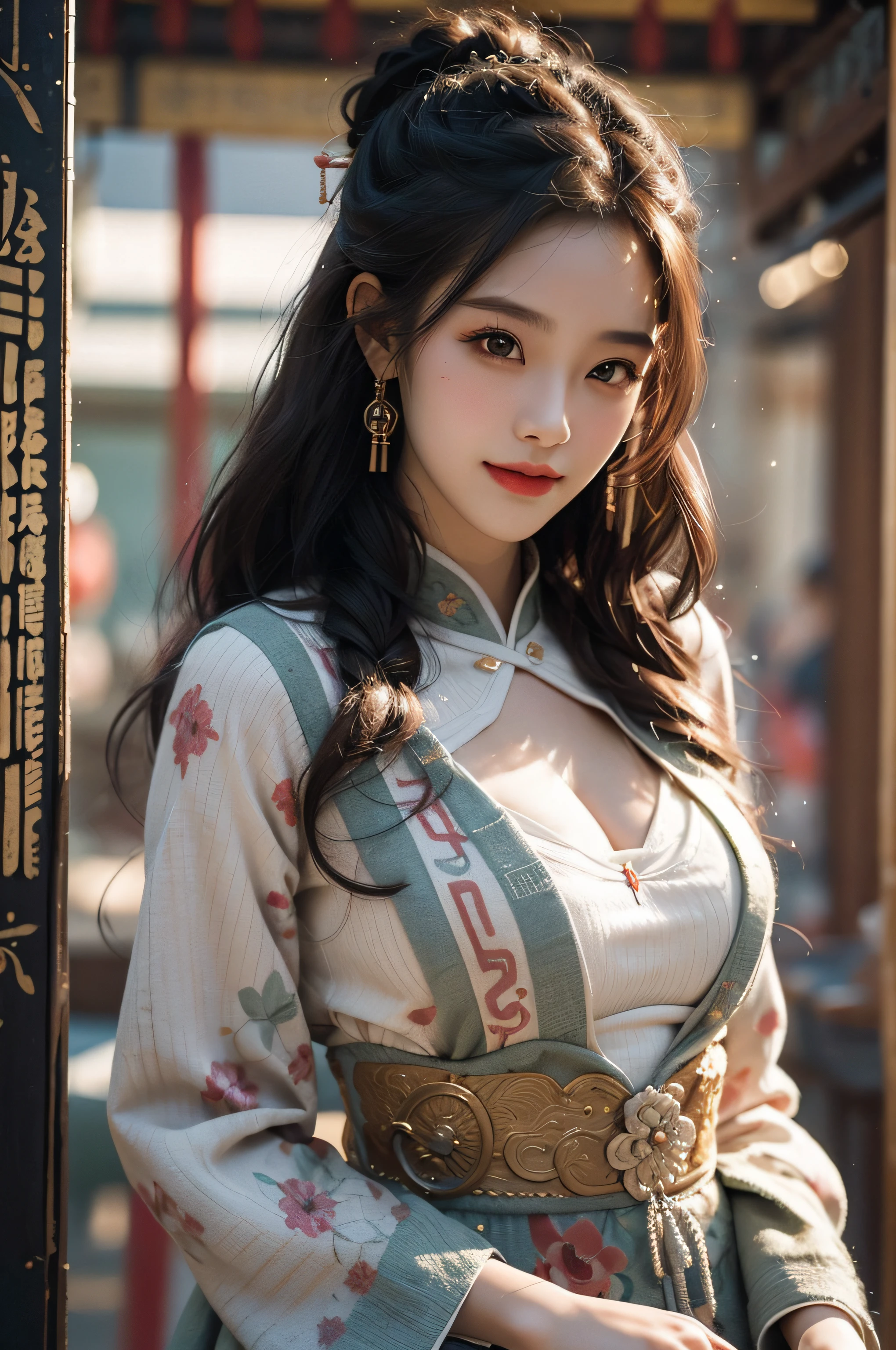 (Masterpiece), (absurderes), Cowboy shot, Shiny skin, Girl, Solo, pupils sparkling, long eyelasher, Closed mouth, Light smile, Long hair, Striped hair, Wavy hair, Chinese costume, view the viewer, self-shot, Ancient temple, Cinematic lighting，(Ultra-realistic textile texture)，