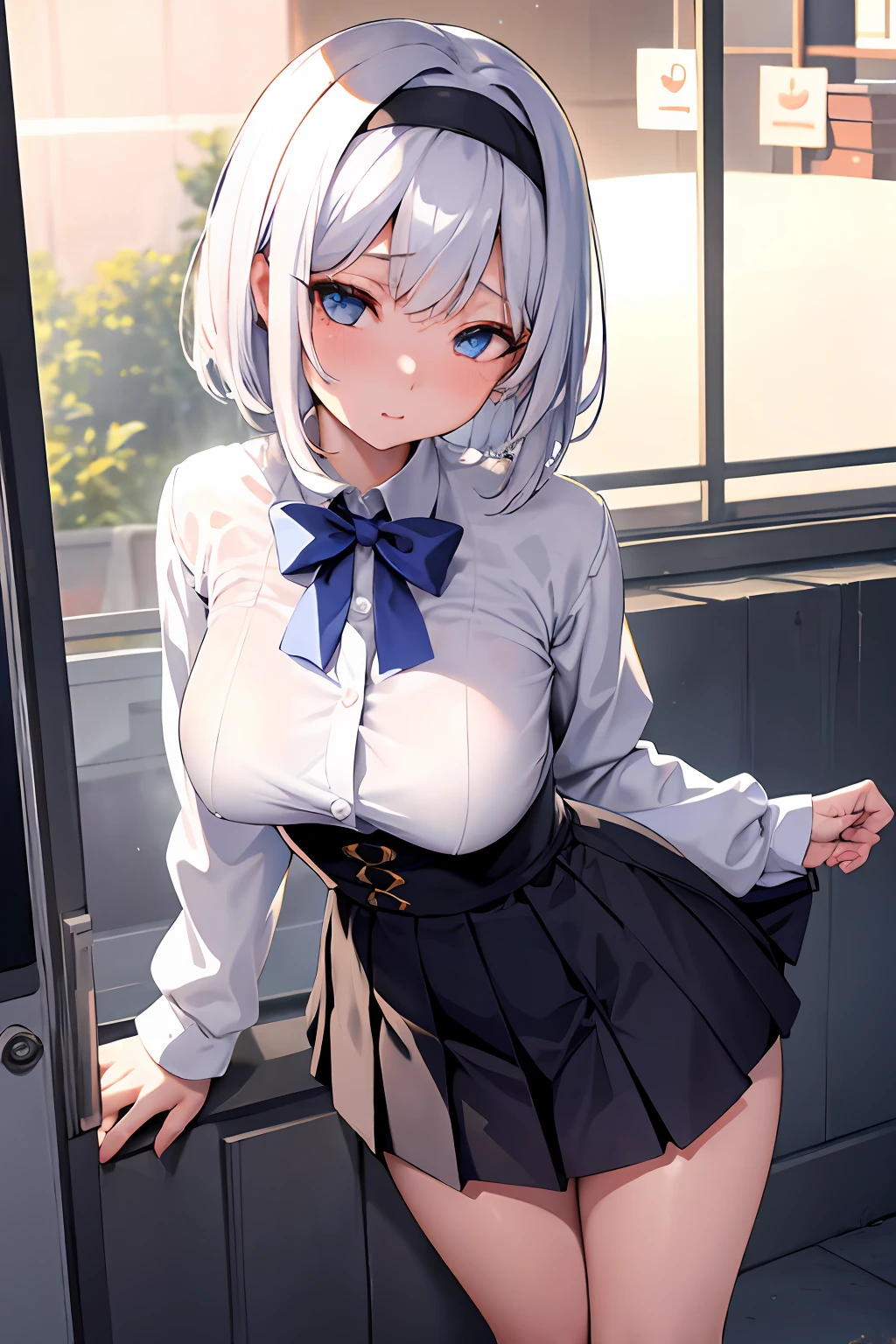 Train background、女の子 1 人、is standing、Japan School Uniforms、skirt by the、White hair color、short-hair、Black headband、blue eyesole under the mouth、big breasts under clothes、You can see the bra under the clothes、Suspicious face、​masterpiece、top-quality、Being molested by an uncle、ighly detailed