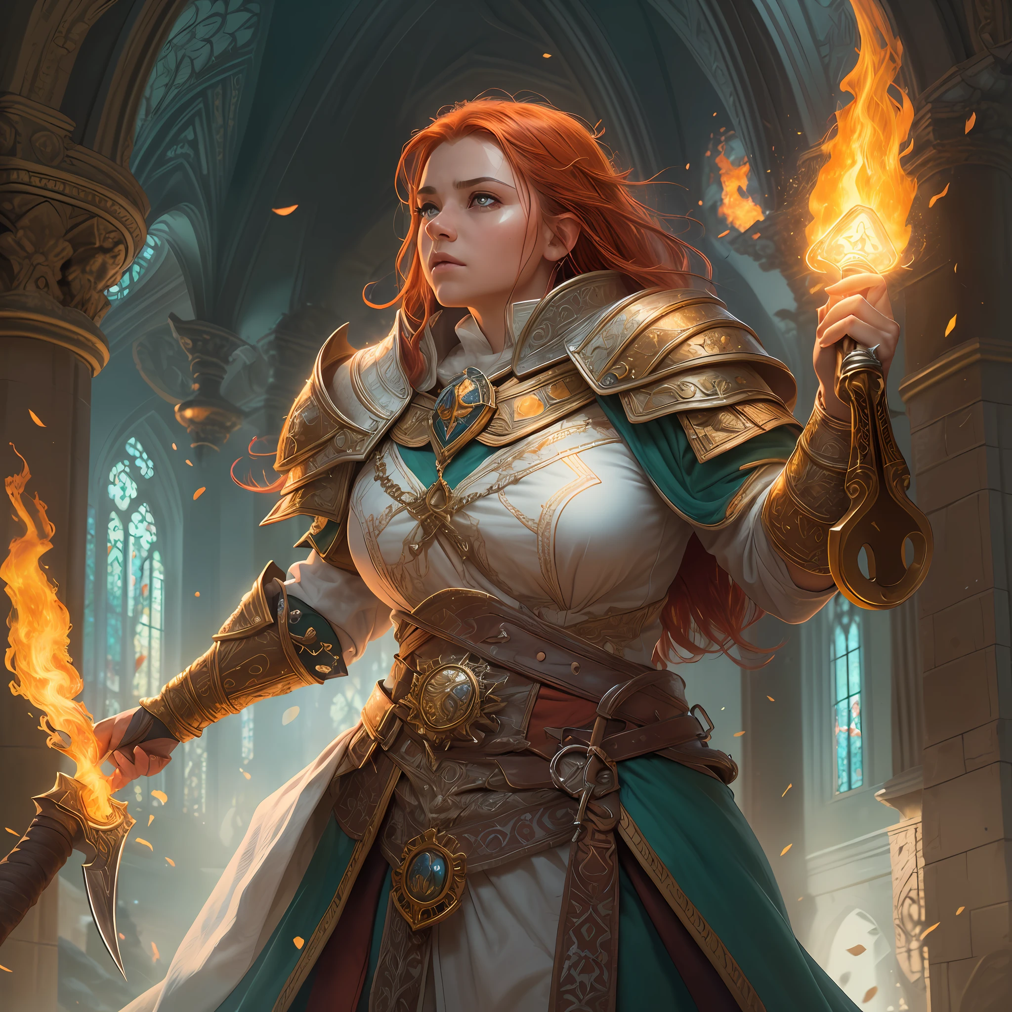 high details, best quality, 8k, [ultra detailed], masterpiece, best quality, (extremely detailed), dynamic angle, ultra wide shot, photorealistic, fantasy art, dnd art, rpg art, realistic art, an ultra wide picture of female dwarf cleric, holding axe, axe in flames, casting a spell, yellow magical light (1.5 intricate details, Masterpiece, best quality), wearing heavy white armor (1.5 intese details, Masterpiece, best quality), blue cloak (1.5 intricate details, Masterpiece, best quality), holy symbol, blue light from symbol, red hair, intense eyes, green eyes, D&D female dwarf (1.5 intricate details, Masterpiece, best quality) fantasy temple background, celestial background, ((divine worship atmosphere)), high details, best quality, highres, ultra wide angle