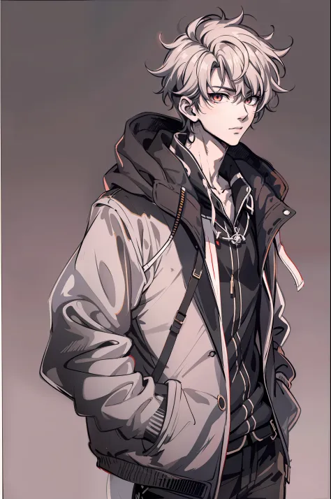 Anime guy in stylish modern clothes. higly detailed, 电影灯光, Contour illumination, High contrast, Dark colors, Bright light source