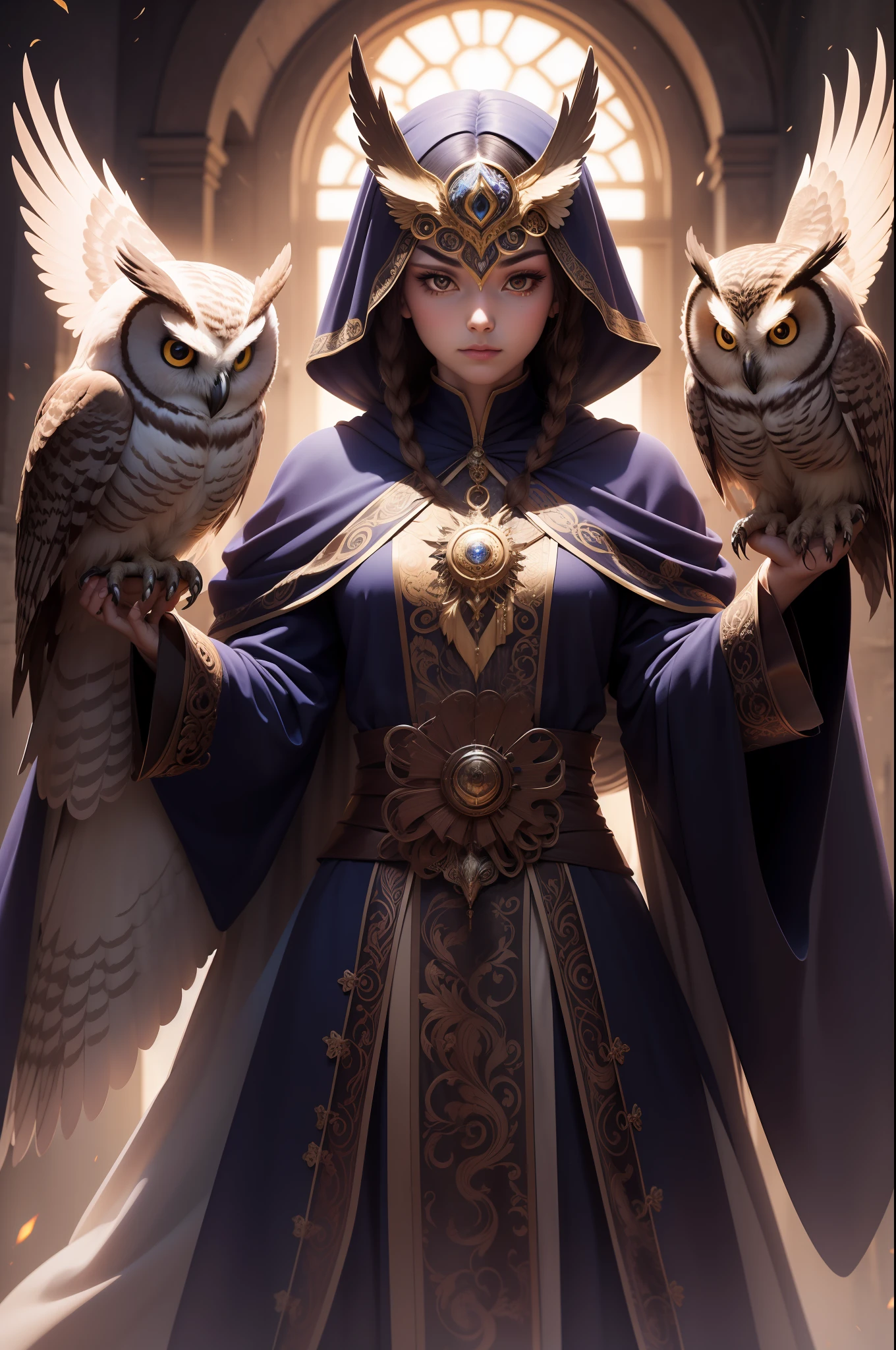 The Owl is a mysterious leader of a legion of spirits, whose identity is passed from person to person. Each title holder takes on a unique appearance, But they all share an enigmatic and supernatural aura. The central figure wears an ornamental mask that reflects the piercing eyes of an owl, symbolizing wisdom and mystery. Their dark, flowing costumes hark back to the ethereal nature of their spiritual powers.