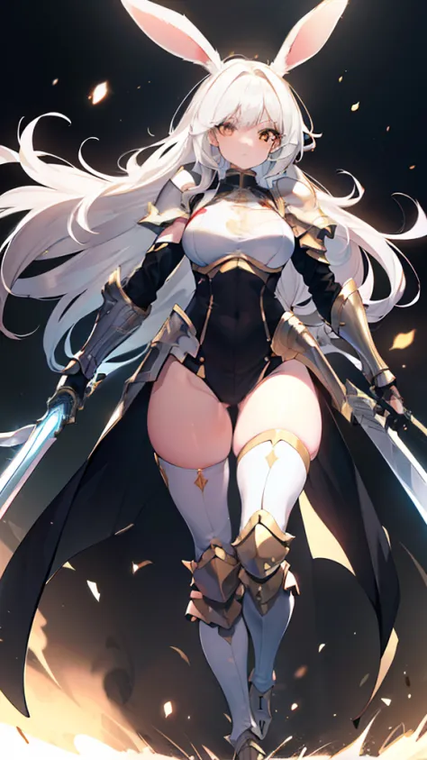 (highres, best quality) Adult female, (detailed, highly detailed), soft lighting, (color_contrast), Long white hair, brown eyes, rabbit ears, rabbit tail, fitted armor, full body armor, medium breasts, brandishing a sword, on a battlefield, looking fierce,...
