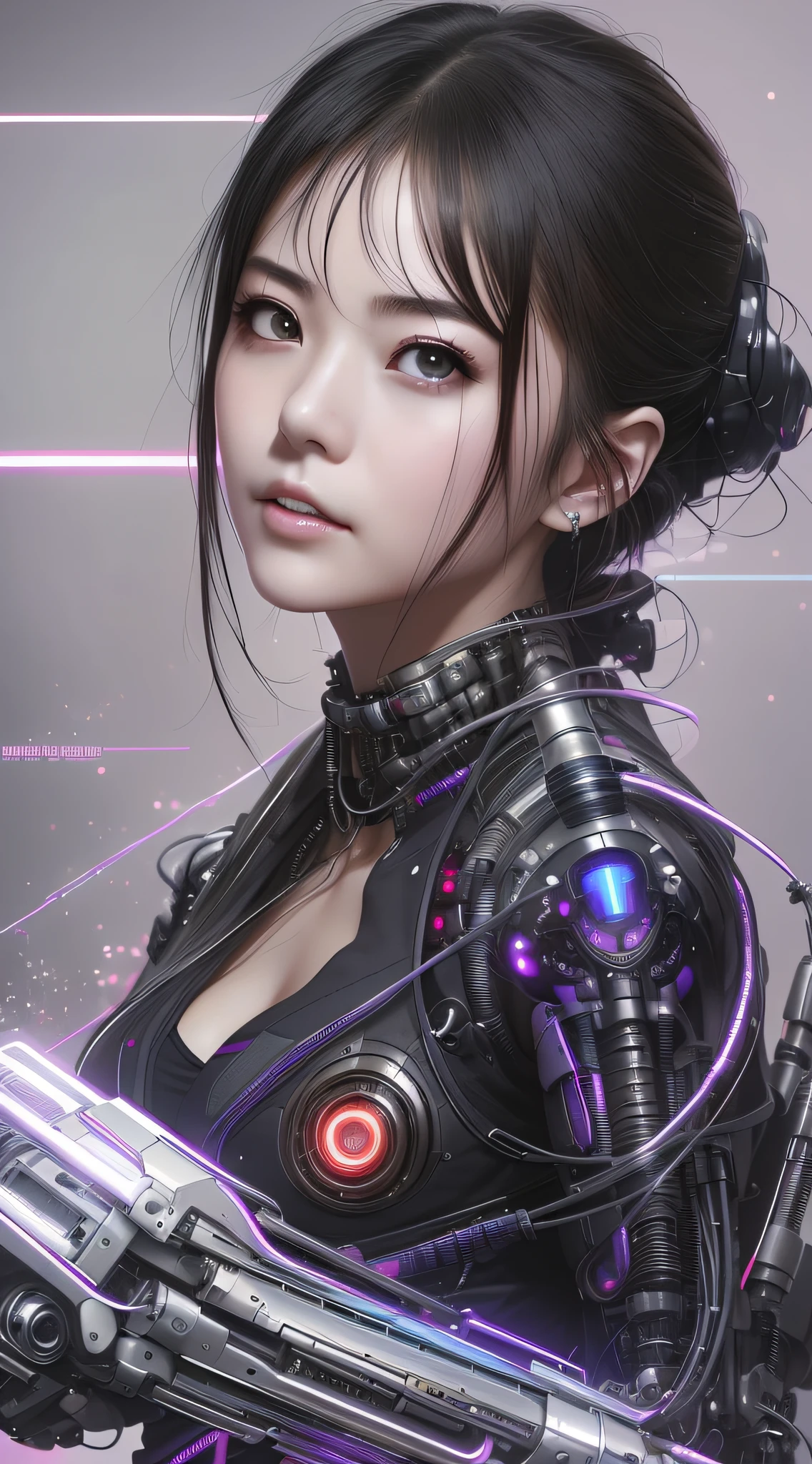 eine Nahaufnahme einer Frau in einem futuristischen Anzug mit einer Waffe, dreamy cyberpunk girl, süßes Cyborg-Mädchen, female cyberpunk anime girl, Cyborg girl, cyberpunk anime girl, schönes Cyberpunk-Mädchen, Cyborg - Asiatisches Mädchen, schönes Cyborg-Mädchen, perfektes Android-Mädchen, has cyberpunk style, Cyberpunk art style, Hyper-realistic cyberpunk style, schönes Cyberpunk-Mädchengesicht, digitl cyberpunk - anime art
