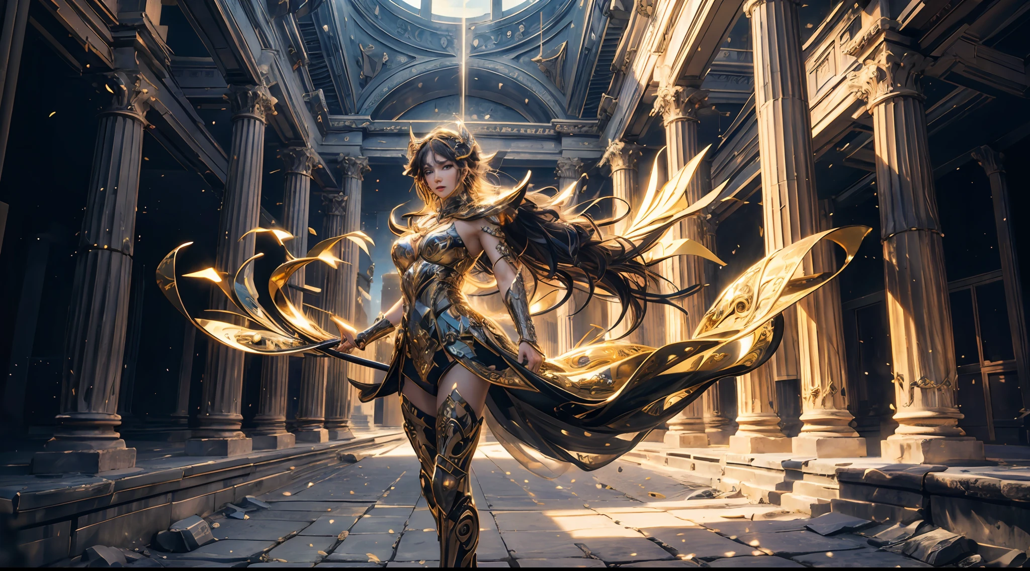 offcial art，Unity 8k wallpaper，ultra - detailed，Beauty and aesthetics，high high quality，Valkyrie，tmasterpiece，Best quality at best，（zentangle，datura，Tangles，entangled：0.6），Greek temple，Large breasts，Heavy armor，complex patterns，combats，dramatics，Photorealistic, Super detail, Masterpiece, Best quality, A high resolution, 8K