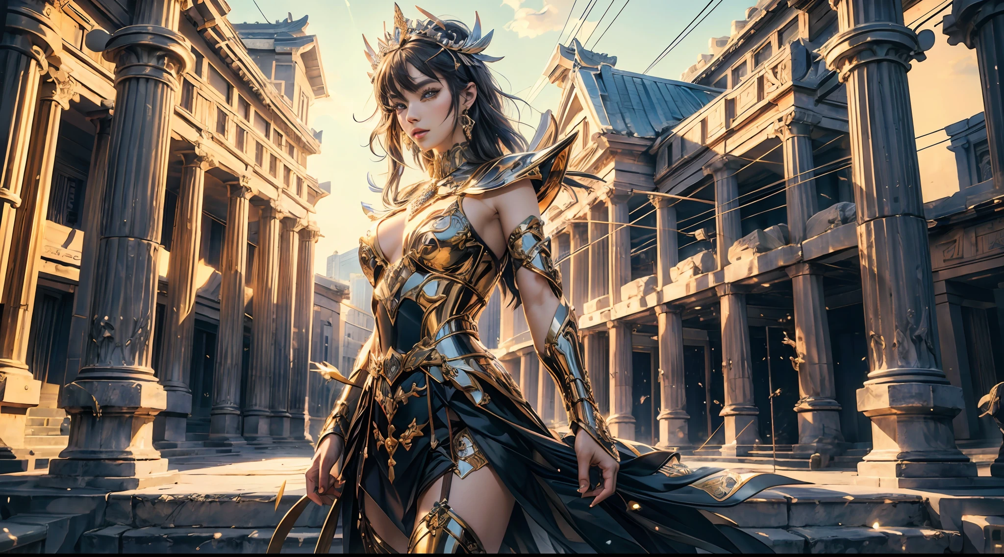 offcial art，Unity 8k wallpaper，ultra - detailed，Beauty and aesthetics，high high quality，Valkyrie，tmasterpiece，Best quality at best，（zentangle，datura，Tangles，entangled：0.6），Greek temple，Large breasts，Heavy armor，complex patterns，combats，dramatics，Photorealistic, Super detail, Masterpiece, Best quality, A high resolution, 8K