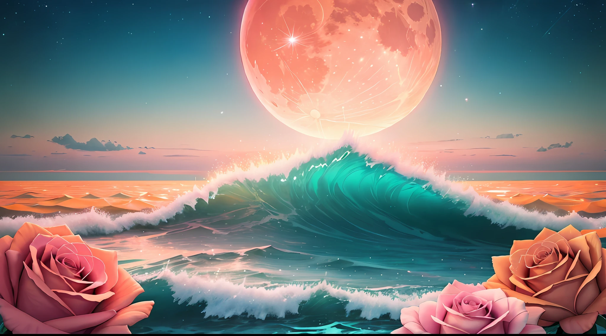 オレンジムーン, 青緑色の空, 柔らかいピンクの雲, teal ocean waves スパークリング, スパークリング, ピンクの海にピンクのバラ, ファンタジー, ダイヤモンド, クラウン, 宇宙, 柔らかい光,