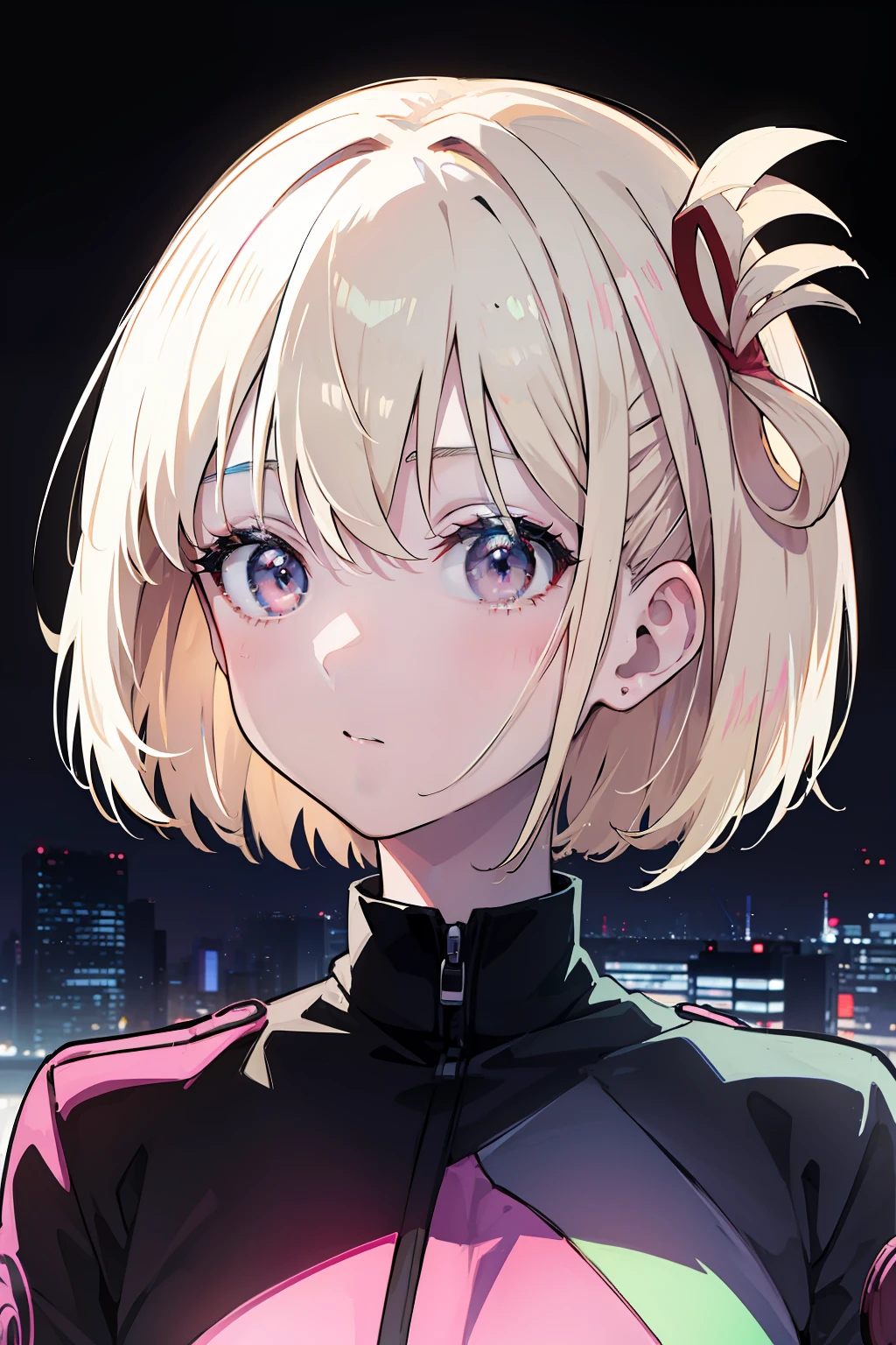 Anime girl with blonde hair and blue eyes standing in front of a city -  SeaArt AI