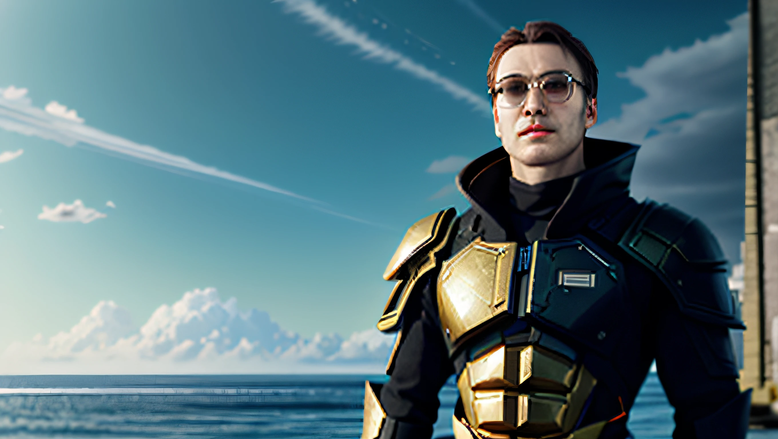 By the sea stood a man in a golden and black suit, unreal engine character art, anton fadeev 8 k, twitch streamer / gamer ludwig, cinematic unreal 5, hyper realistic sci fi realistic, ( ( illusory engine ) ), Asgard German, Personagem pequeno. Unreal Engine 5, portrait of apex legends, made in unreal engine 5, Rendu portrait 8k，black color hair，Black glasses，Big eyes